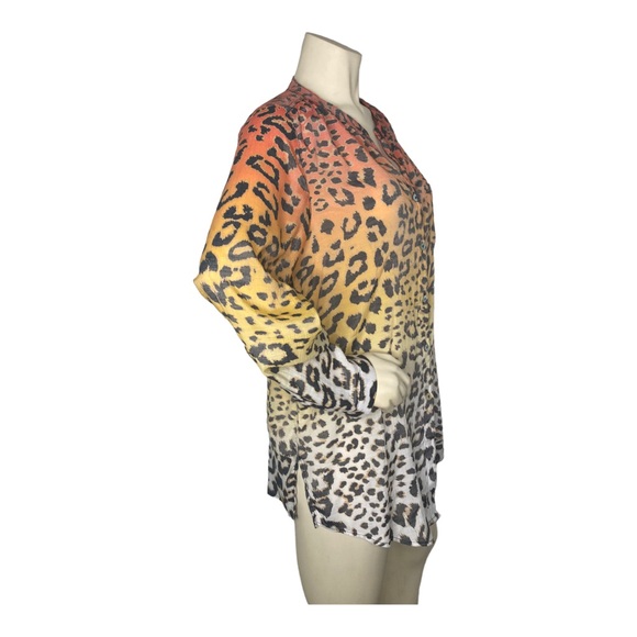 MULTIPLES Multicolor Ombre Leopard Animal Print Tie Front Linen Button Down Top - Picture 7 of 16